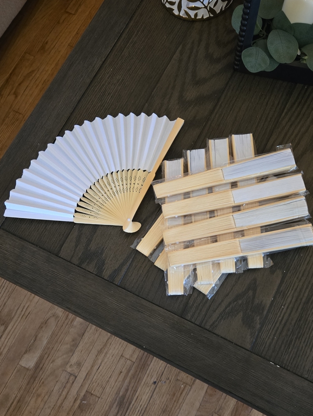 Foldable Hand Fan, Lot Of 12- White Paper with Natural Wood Ribs, NWOT.